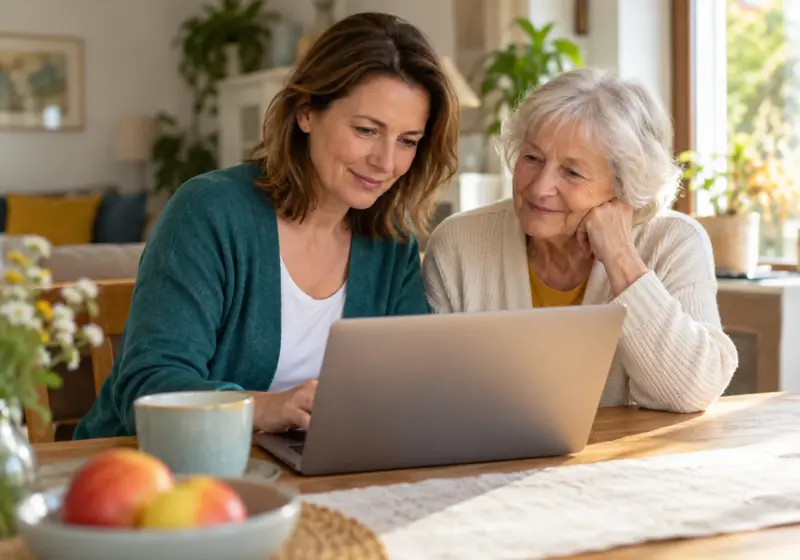 Erwachsene Tochter und ältere Mutter gemeinsam am Laptop.