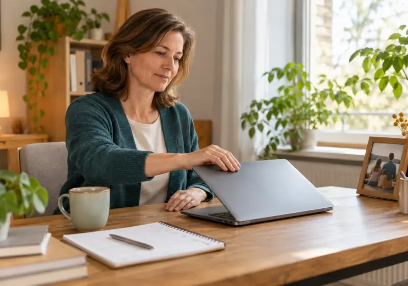 Person am häuslichen Arbeitsplatz mit Laptop und Wochenplan.