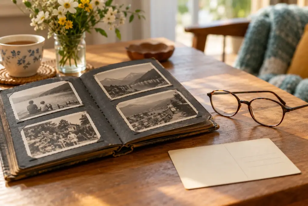 Fotoalbum, umgedrehte Postkarte und Lesebrille auf einem Tisch.
