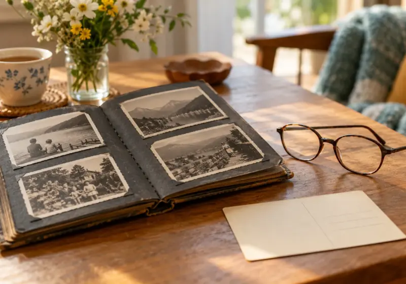 Fotoalbum, umgedrehte Postkarte und Lesebrille auf einem Tisch.