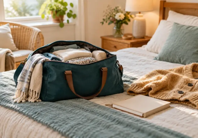 Kleine Reisetasche, Strickjacke und Notizbuch auf einem Bett.