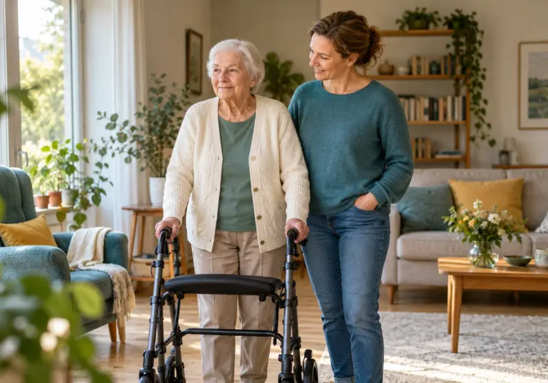Älterer Mensch mit Gehhilfe und Begleitung in einem Wohnzimmer.